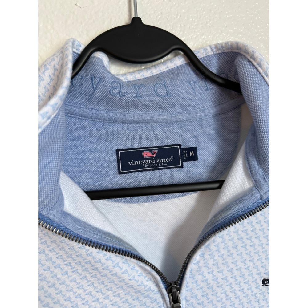 Vineyard Vines Mens Martini Glass Print Quarter Zip Pullover Blue White Medium - Picture 2 of 10